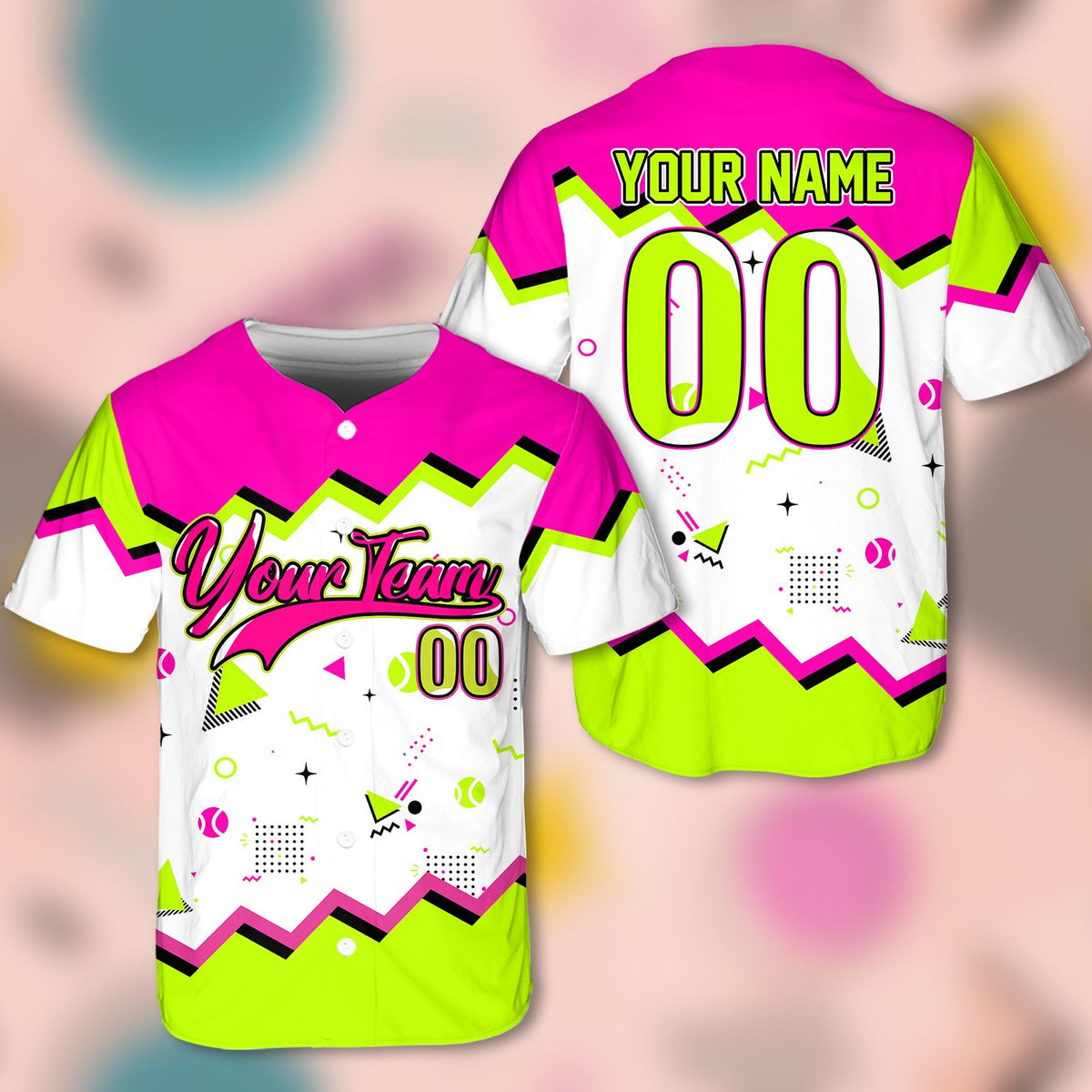 Front view of personalized retro baseball jersey with custom team name text design