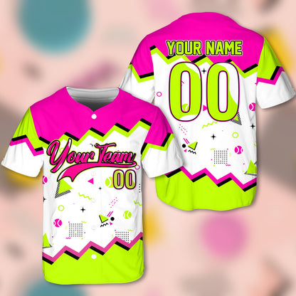 Front view of personalized retro baseball jersey with custom team name text design