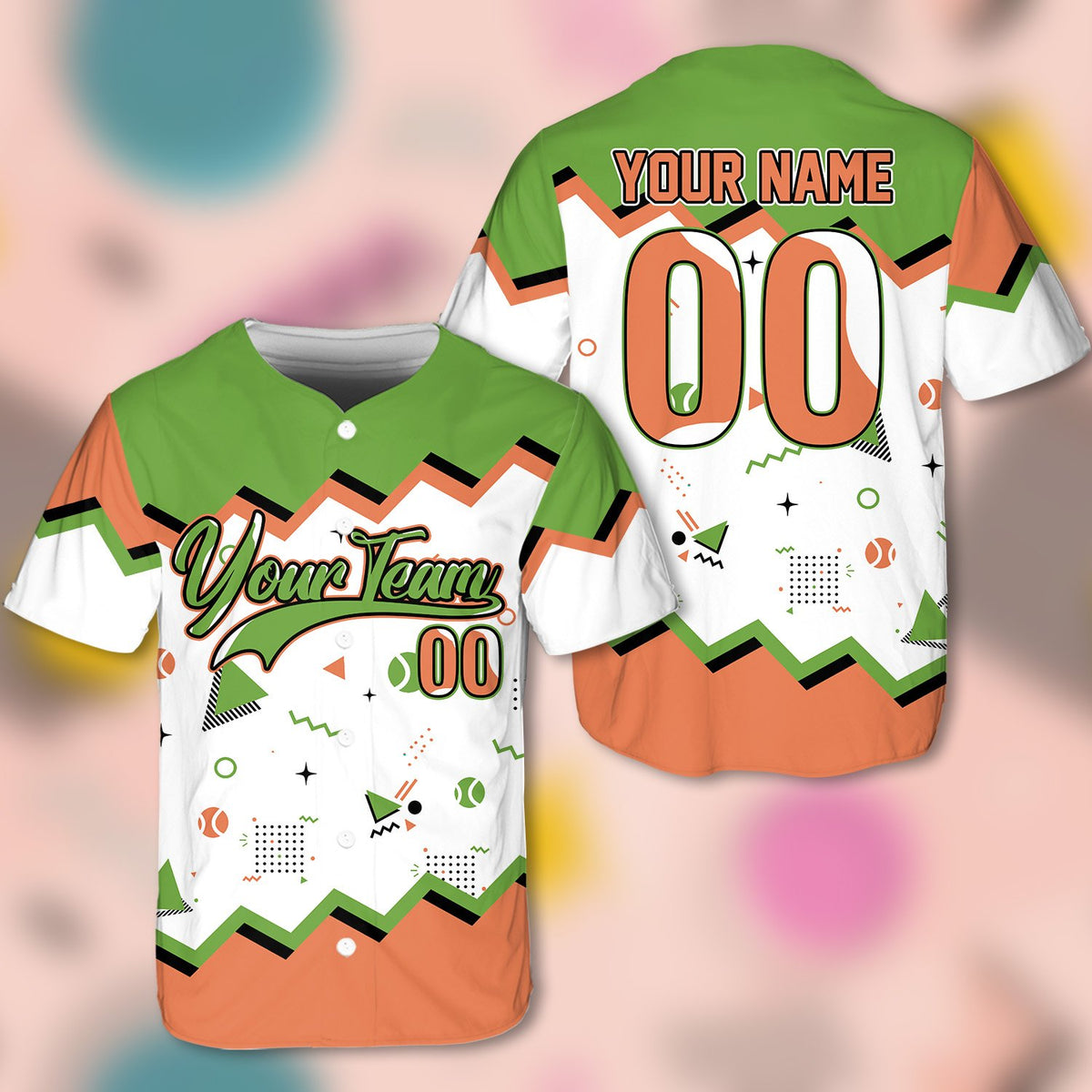Front view of personalized retro baseball jersey with custom name and number and colorful zig-zag design