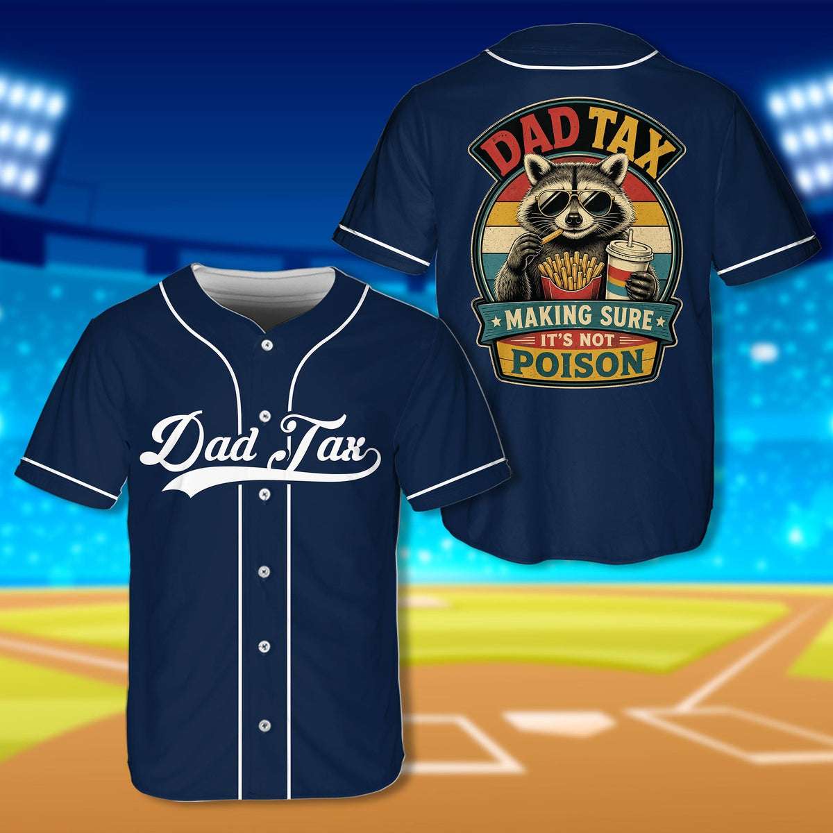Retro baseball jersey with dad tax raccoon graphic, navy front view