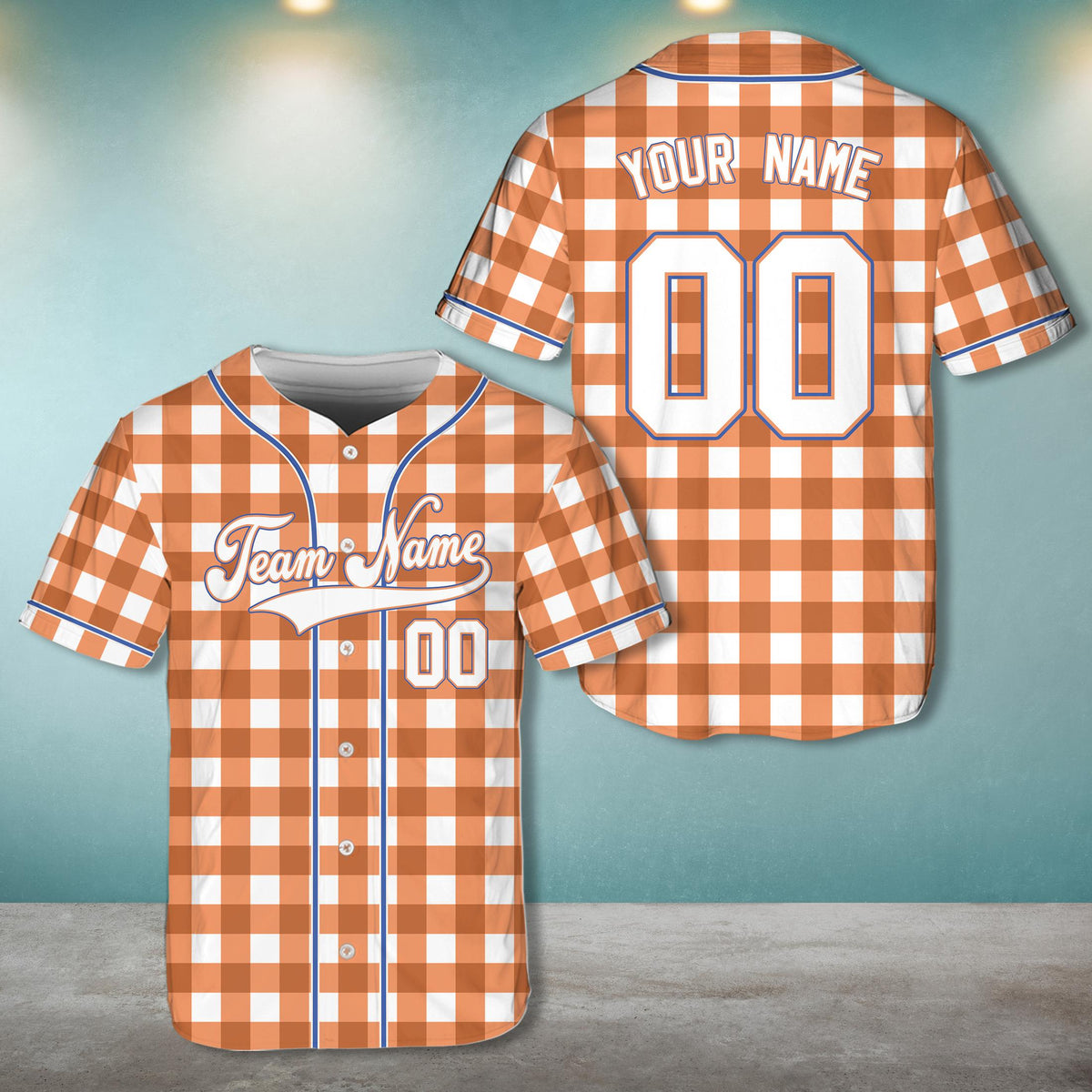 Personalized retro baseball jersey in orange plaid, front view