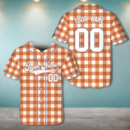 Personalized retro baseball jersey in orange plaid, front view