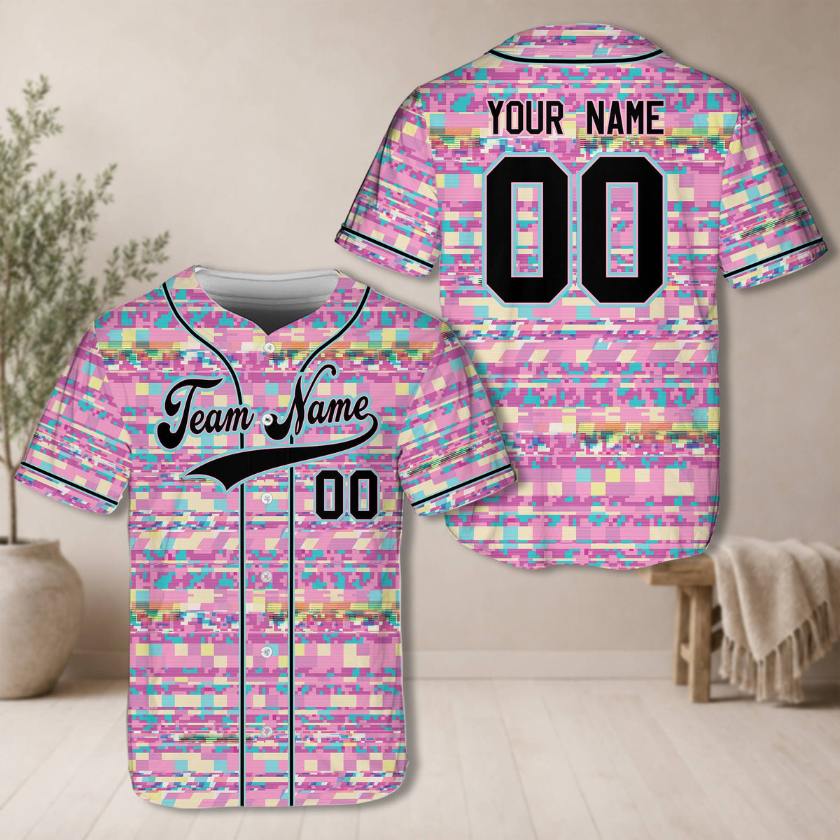 Pink pastel tone front view of the retro baseball jersey