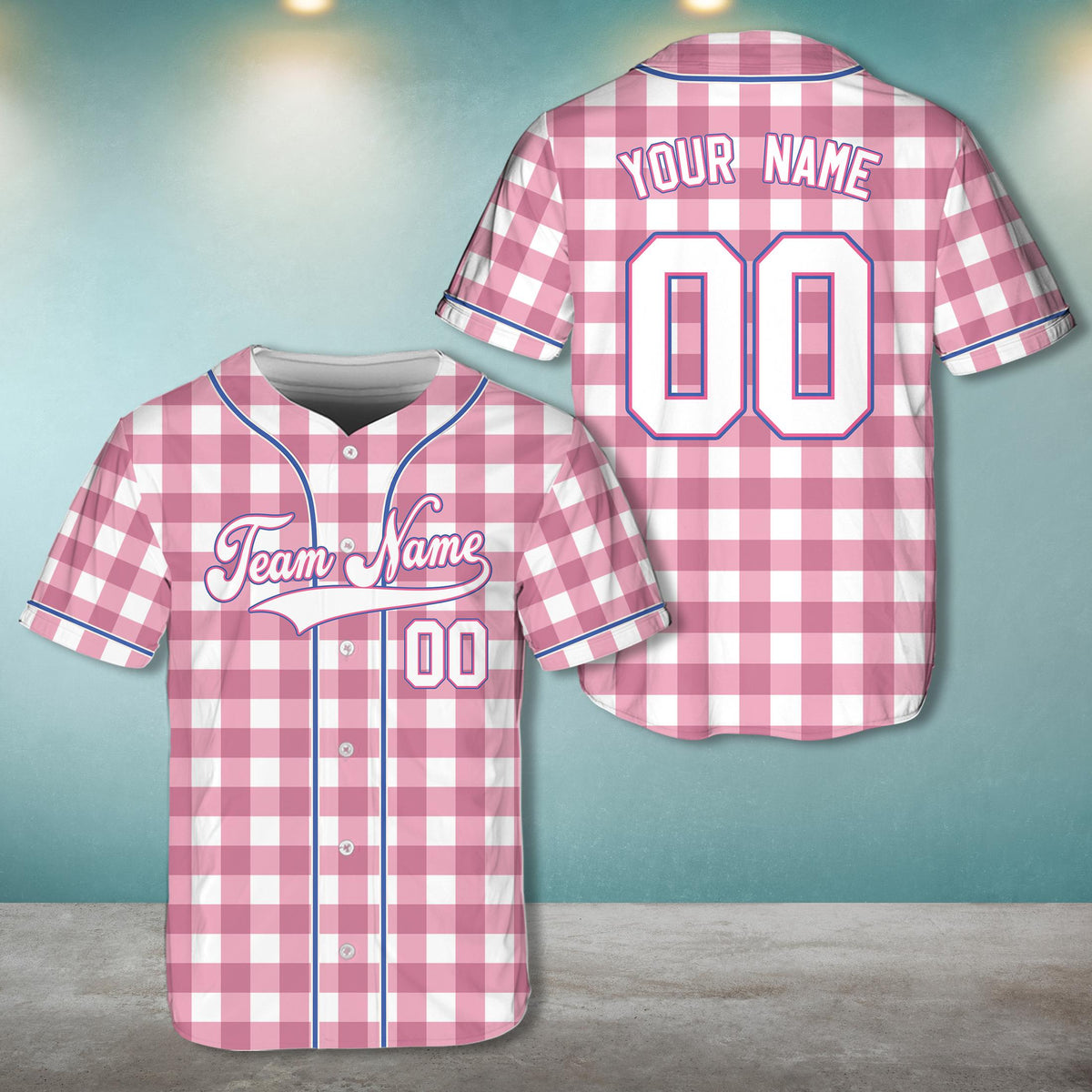 Personalized retro baseball jersey in pink plaid, front view