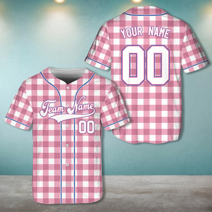Personalized retro baseball jersey in pink plaid, front view