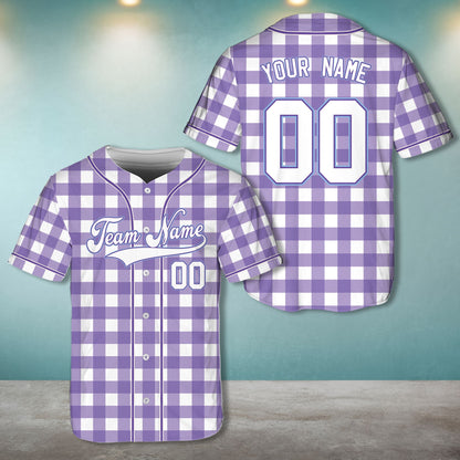 Personalized retro v neck baseball jersey in purple and white plaid with custom name and number