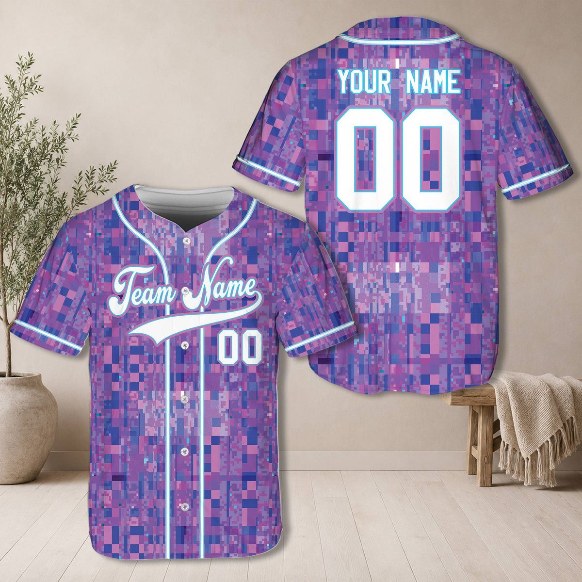 Front view of the personalized retro baseball jersey in alternative lighting