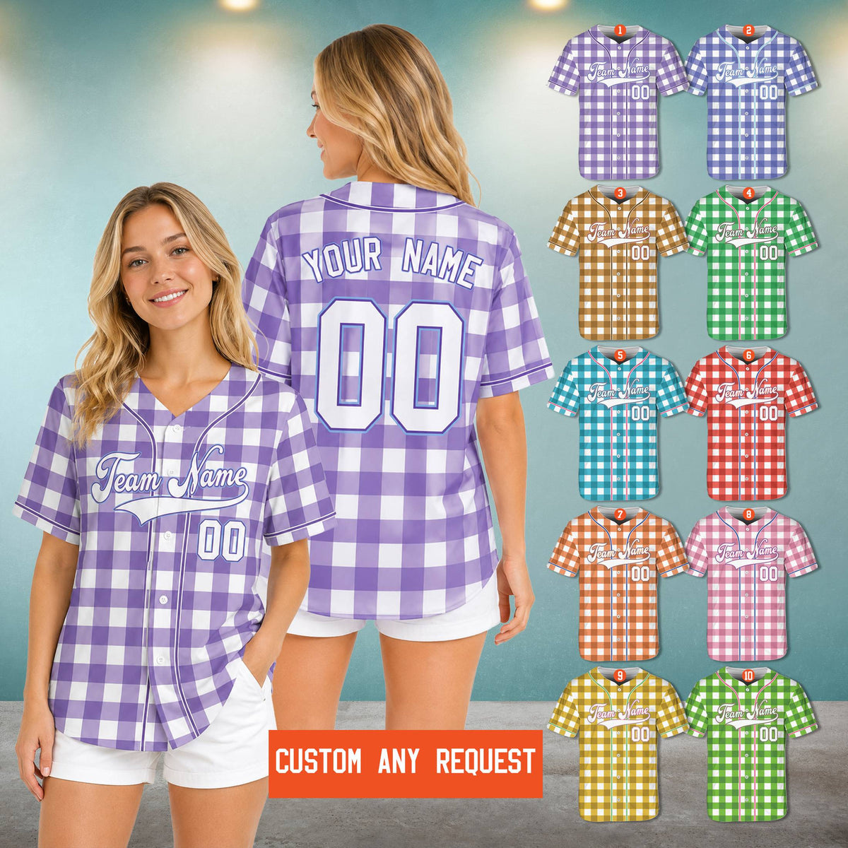 Adult wearing a custom retro baseball jersey in purple and white plaid, lifestyle view