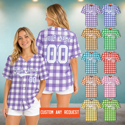 Adult wearing a custom retro baseball jersey in purple and white plaid, lifestyle view