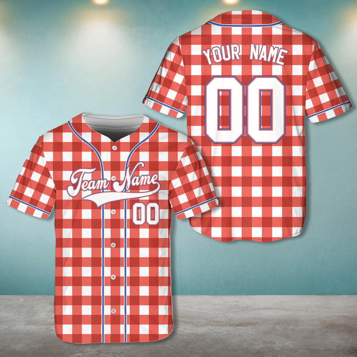Personalized retro baseball jersey in red plaid, front view