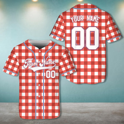 Personalized retro baseball jersey in red plaid, front view