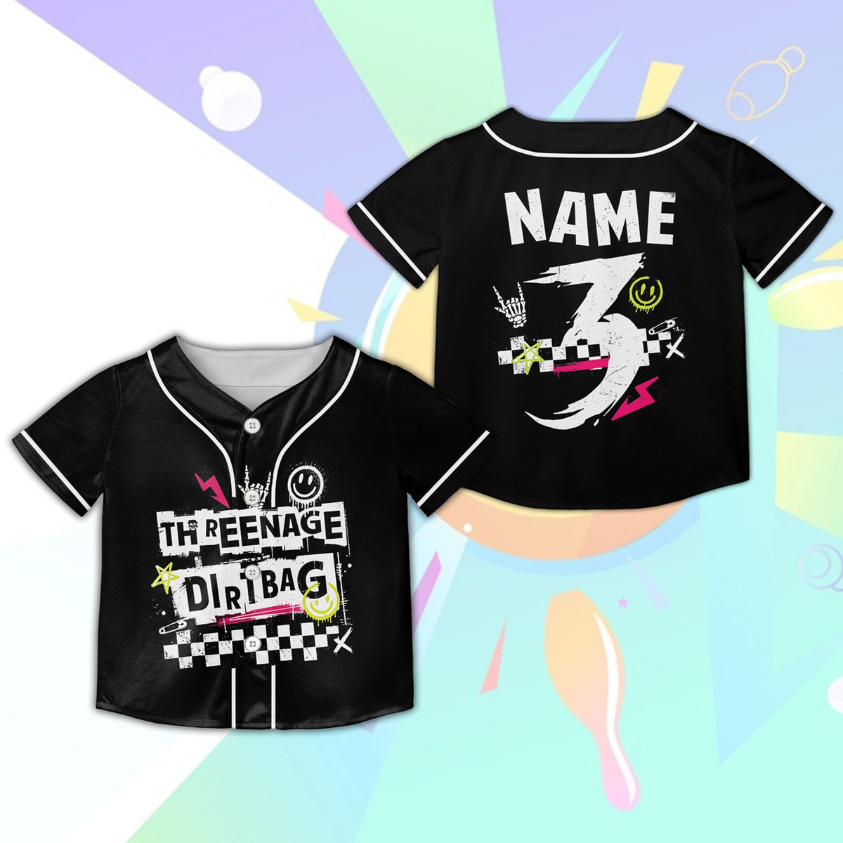 Black retro skater baseball jersey with fun colorful graphics, front view
