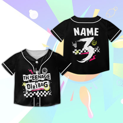 Black retro skater baseball jersey with fun colorful graphics, front view