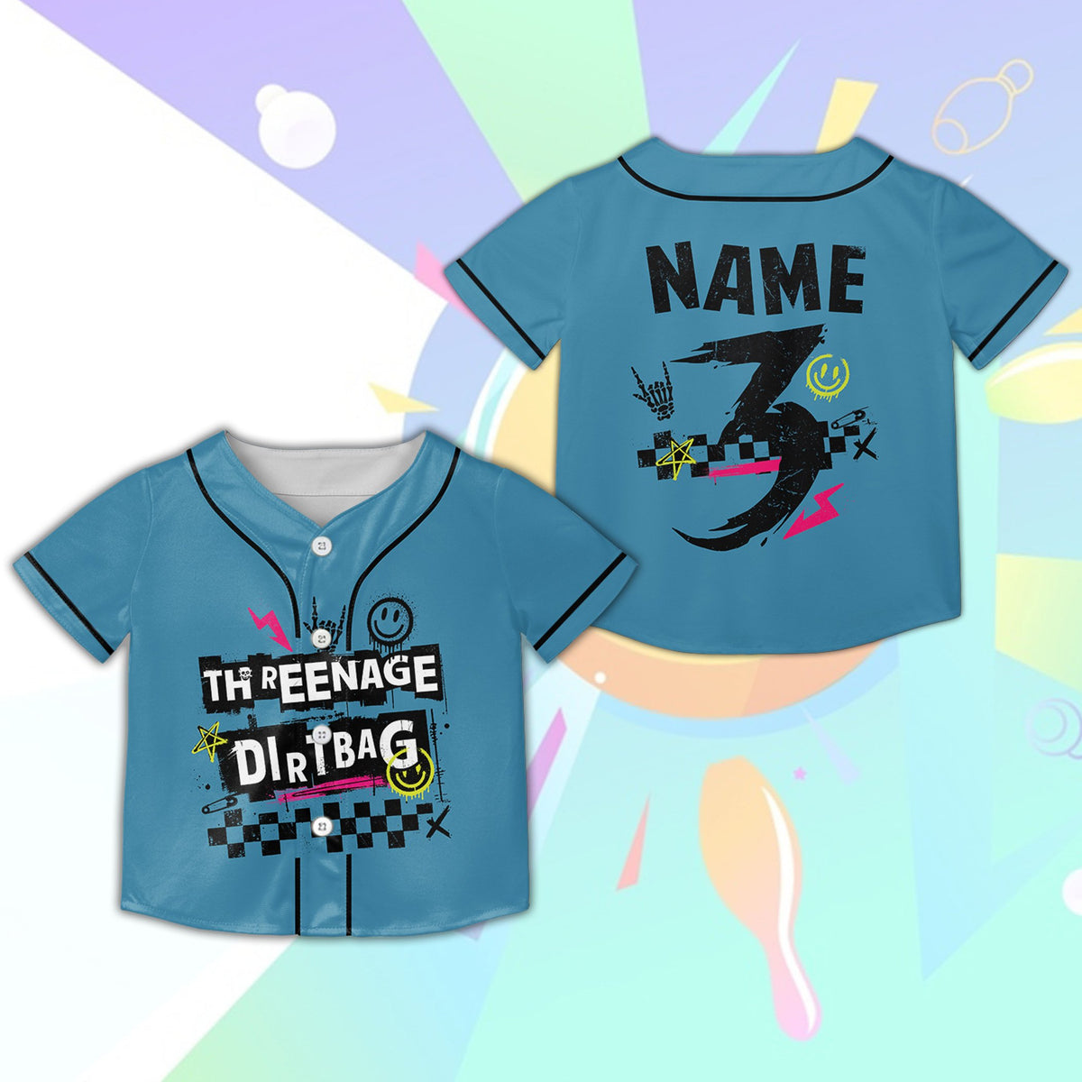 Blue retro skater baseball jersey with checkered pattern and smileys, front view