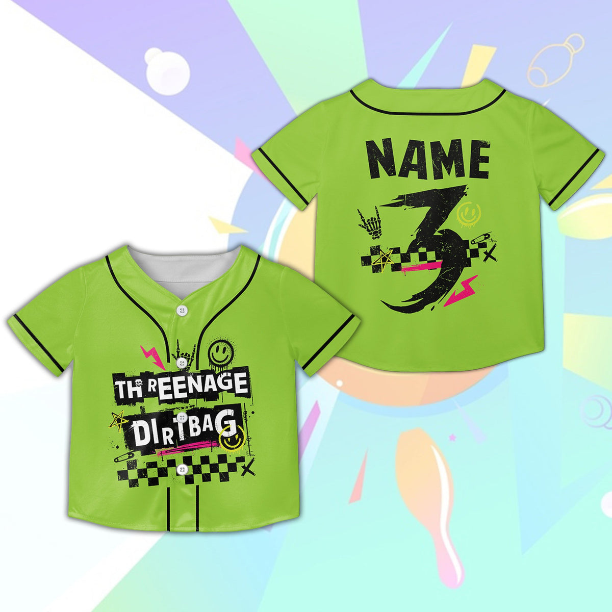 Green retro skater baseball jersey with playful design, front view