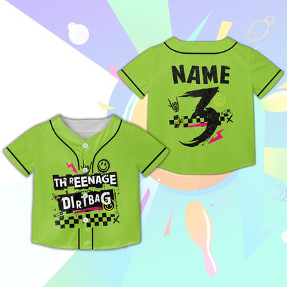 Green retro skater baseball jersey with playful design, front view