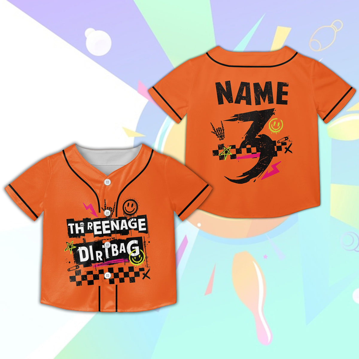 Orange retro skater baseball jersey featuring punk theme, front view