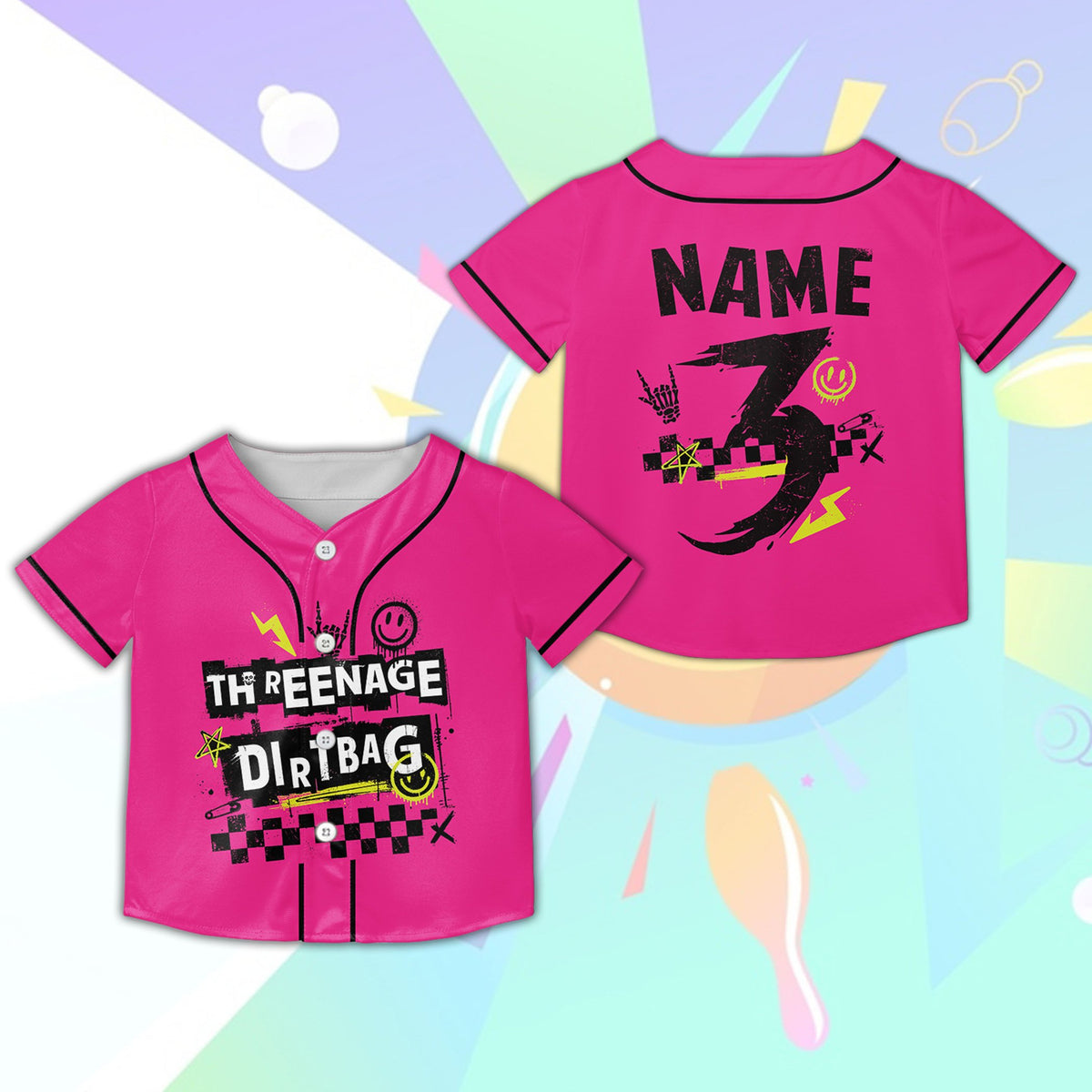 Pink retro skater baseball jersey with custom graphics, front view