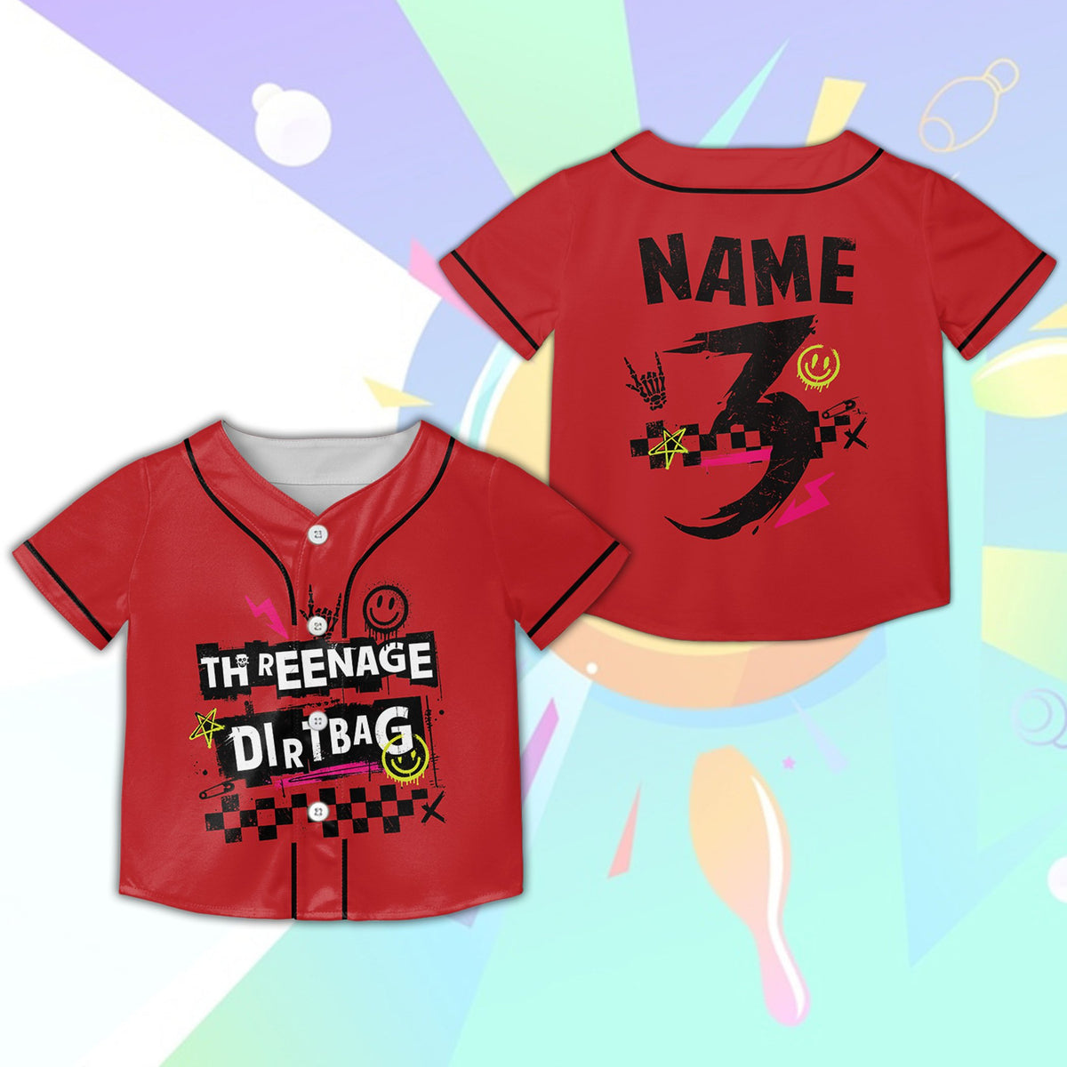 Red retro skater baseball jersey with star and lightning graphics, front view