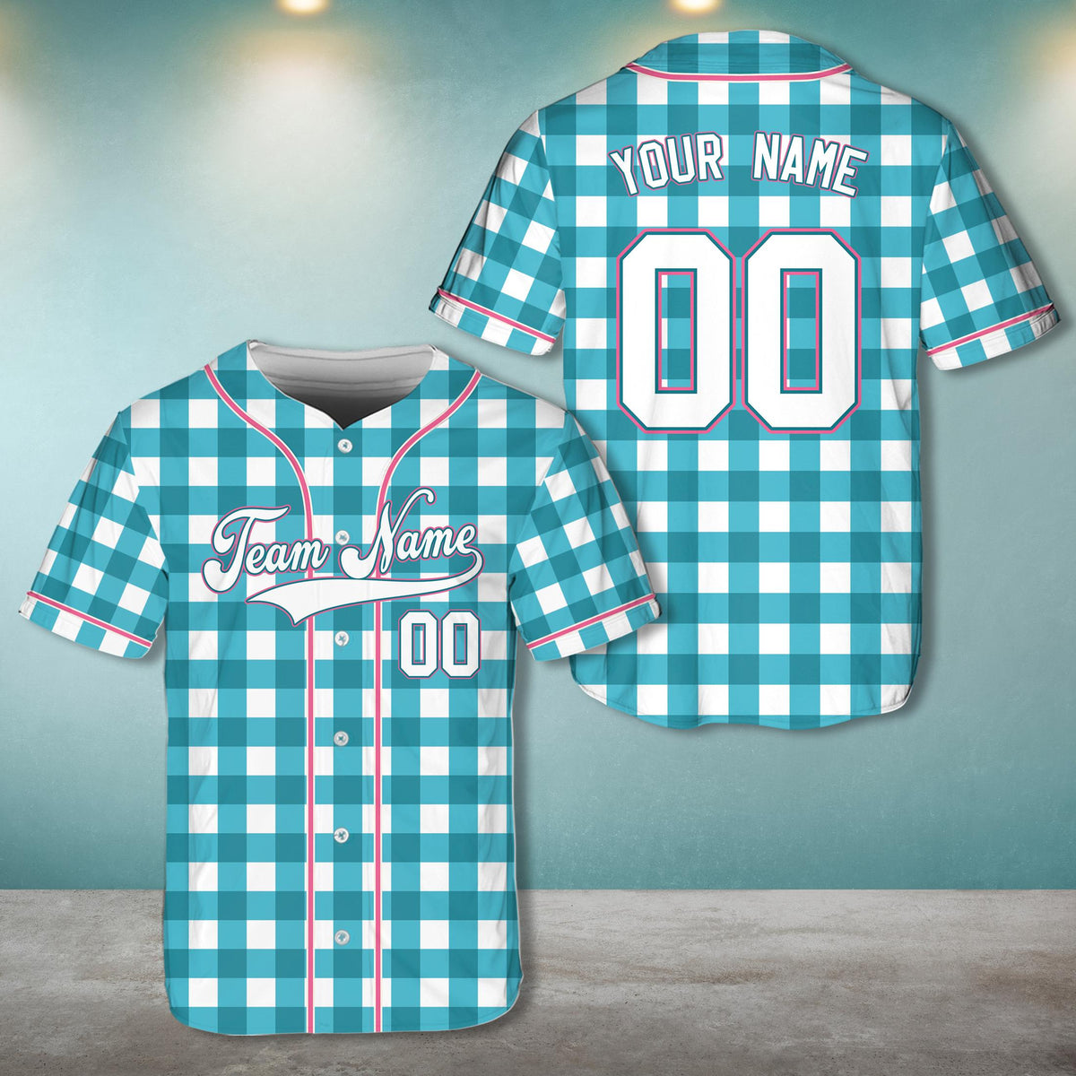 Personalized retro baseball jersey in teal plaid, front view
