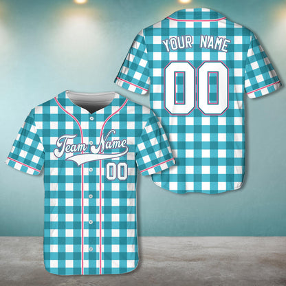 Personalized retro baseball jersey in teal plaid, front view