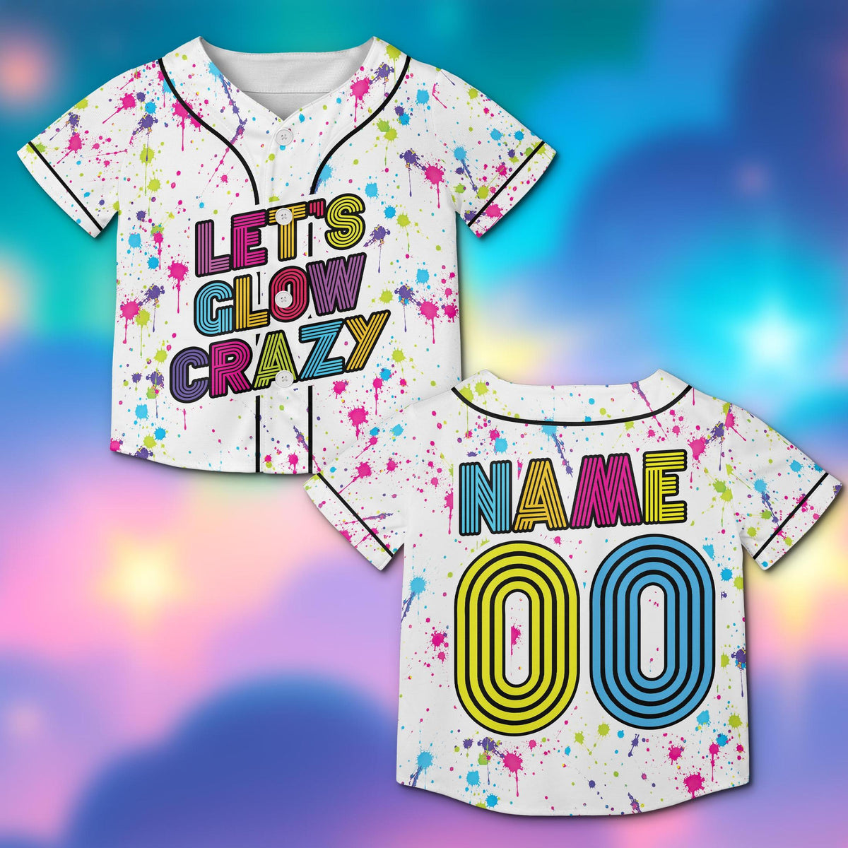Front view of the personalized baseball jersey showing Let's Glow Crazy text