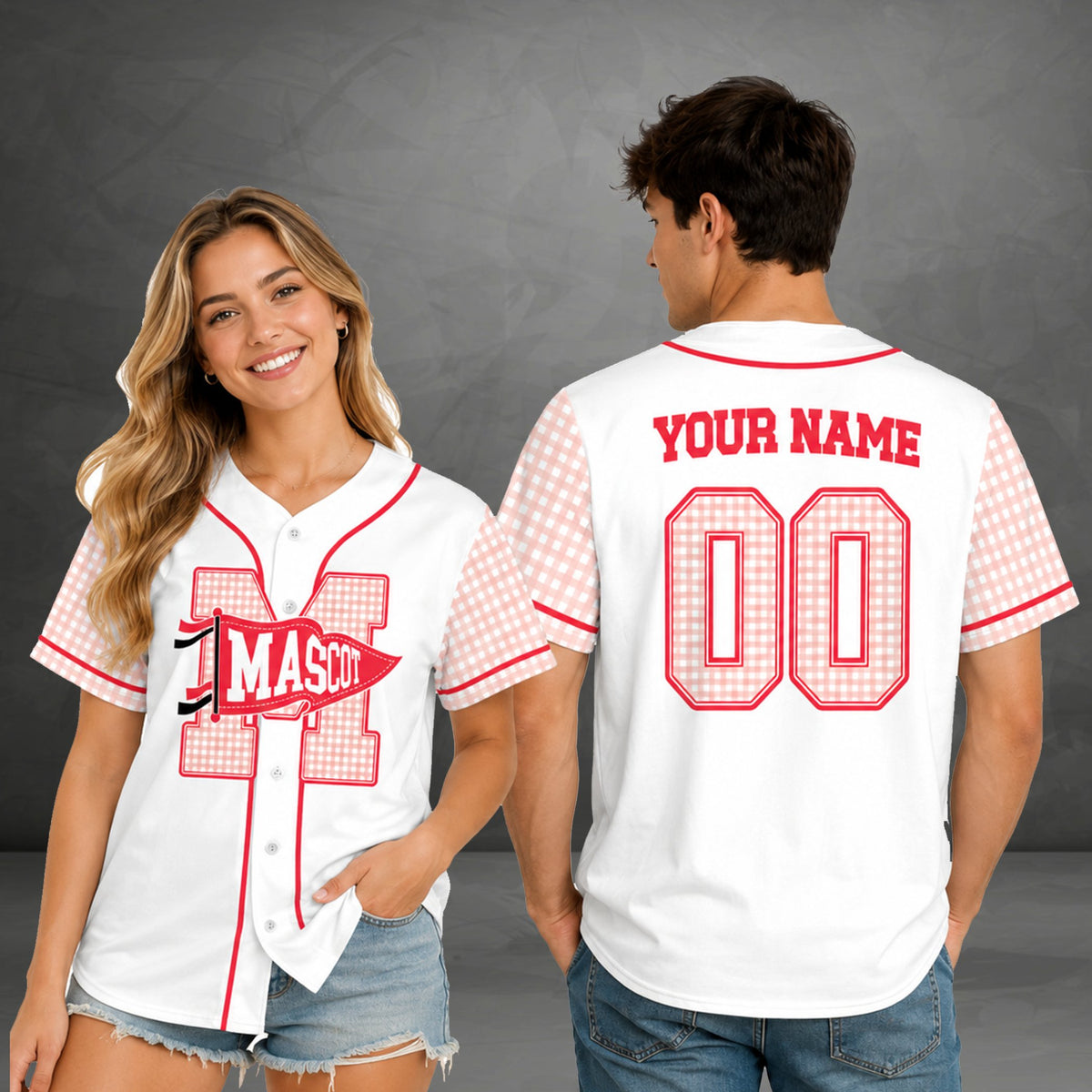 Front view of personalized retro baseball jersey in white with colorful gingham sleeves and mascot design