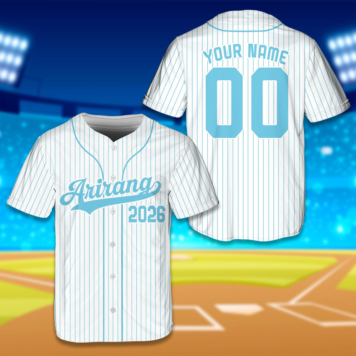 Front view of the white retro baseball jersey in white and blue