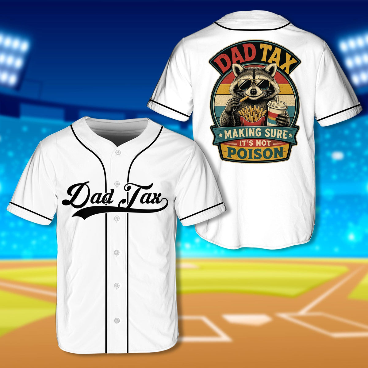 Retro baseball jersey with dad tax raccoon graphic, white front view