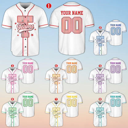 Close-up of the front design on the retro baseball jersey in white