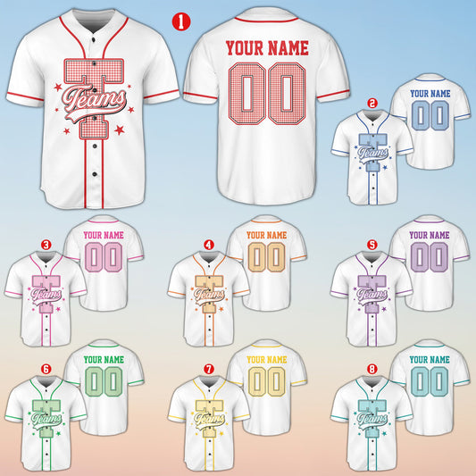 Front view of the personalized retro baseball jersey in white featuring a plaid T design and stars