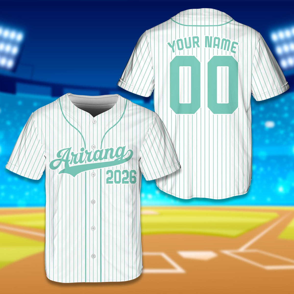 Front view of the white retro baseball jersey in white and light blue