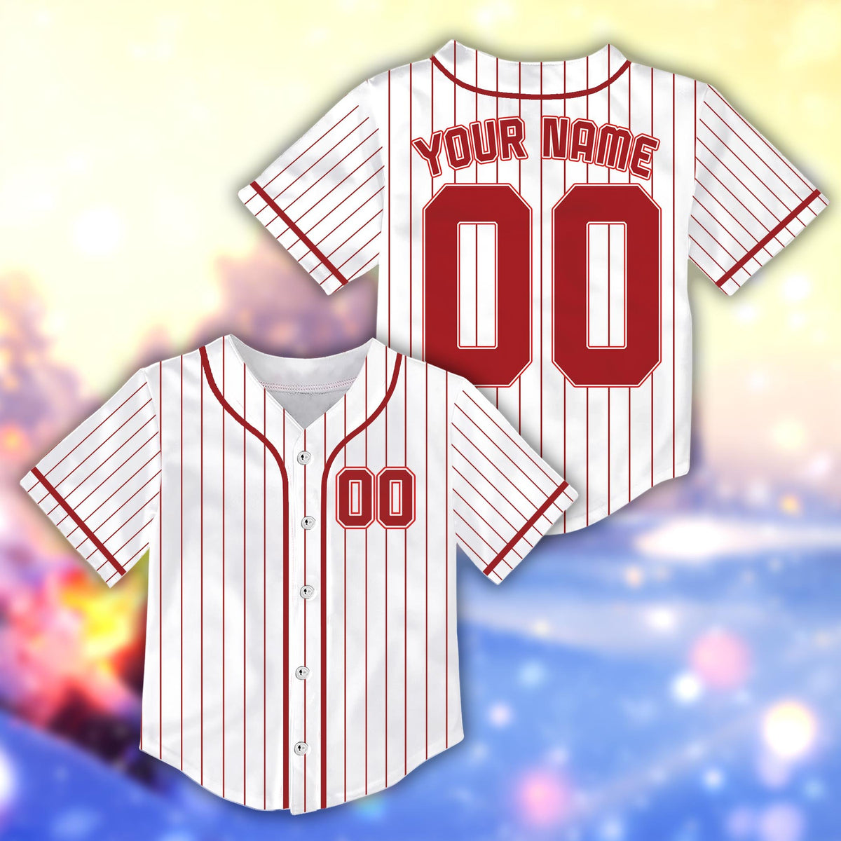 Front view of the retro baseball jersey in another pinstripe color variation