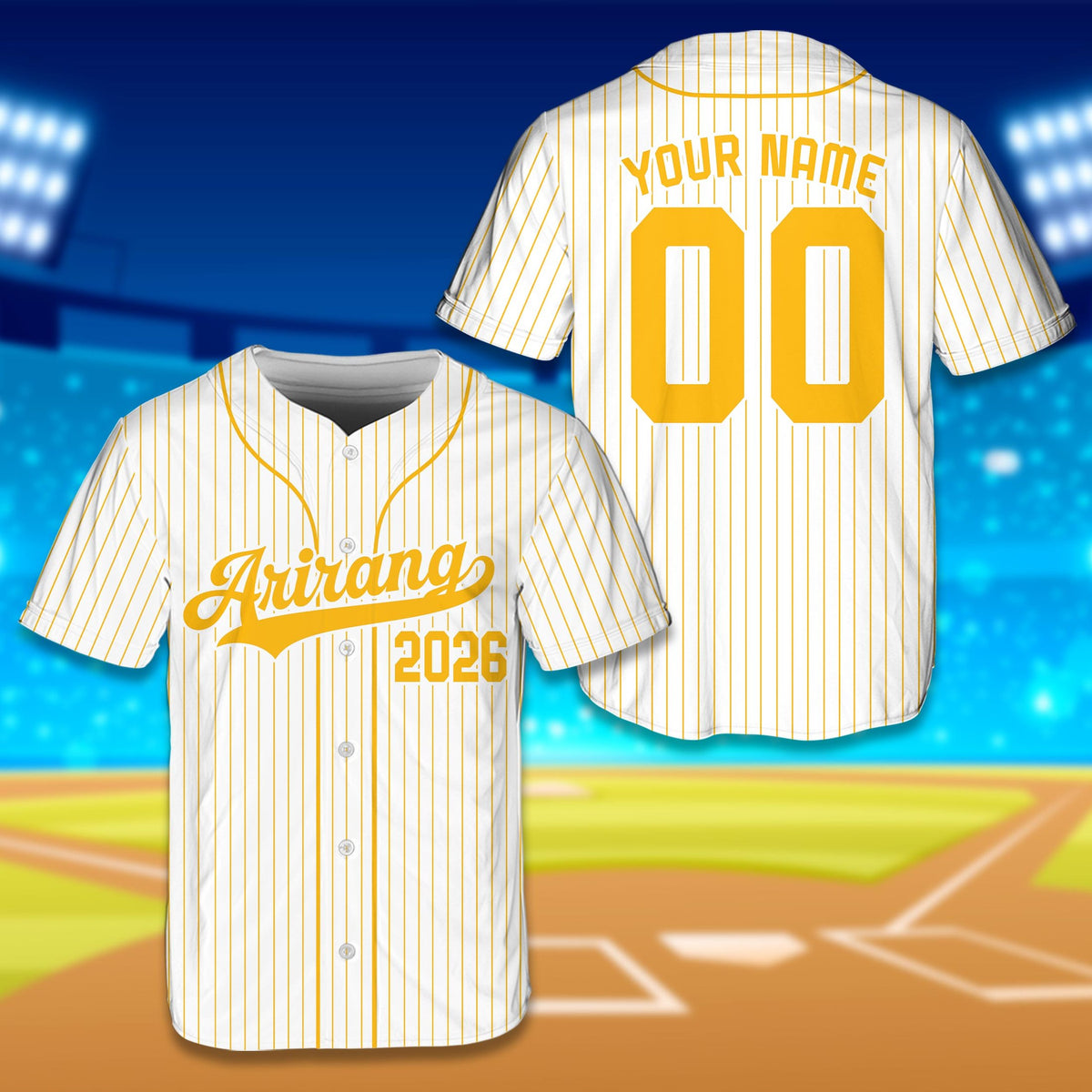 Front view of the white retro baseball jersey in white and yellow