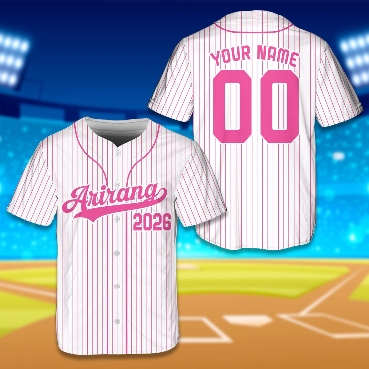 Front view of the white retro baseball jersey in white and pink