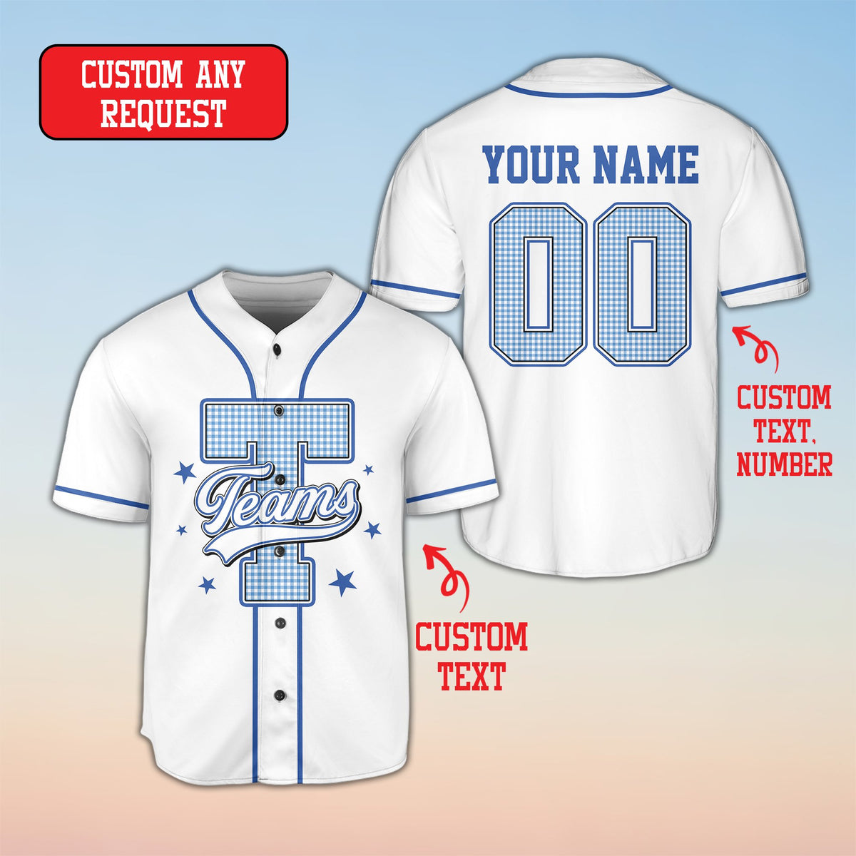 Back view of the personalized retro baseball jersey in white showing custom name and number