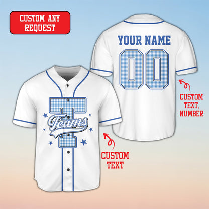 Back view of the personalized retro baseball jersey in white showing custom name and number