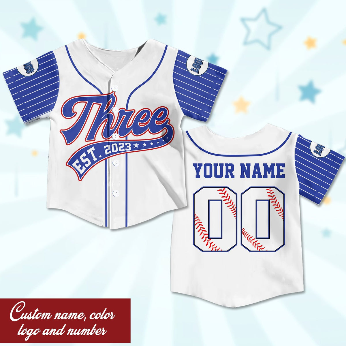White personalized baseball jersey with retro design, front view