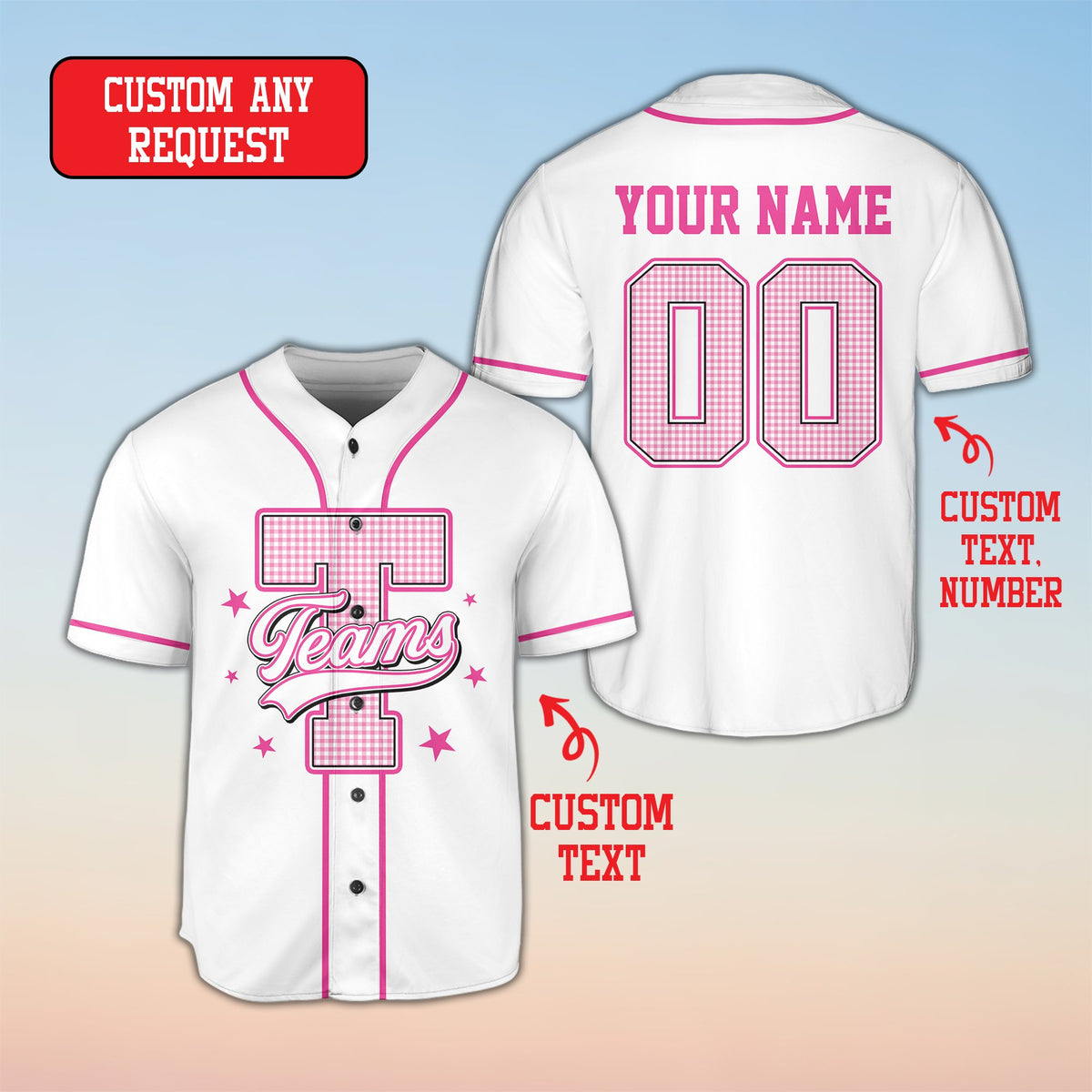 Angled back view of the personalized retro baseball jersey in white