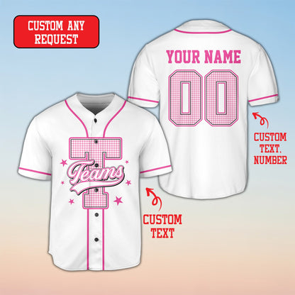 Angled back view of the personalized retro baseball jersey in white