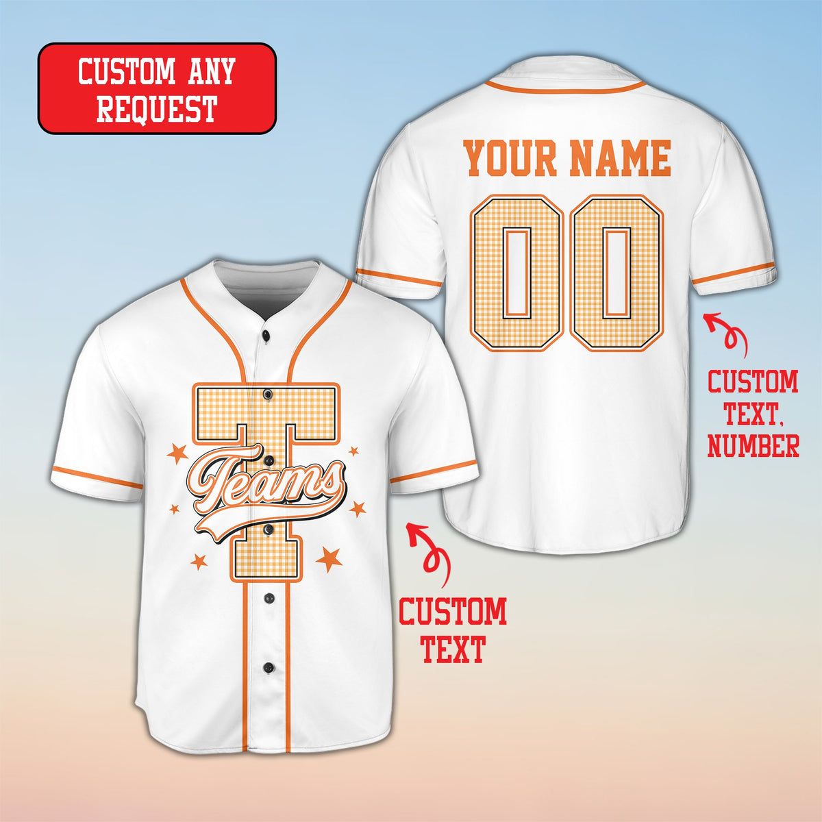 Close-up of the custom name and number on the back of the retro baseball jersey in white