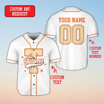Close-up of the custom name and number on the back of the retro baseball jersey in white