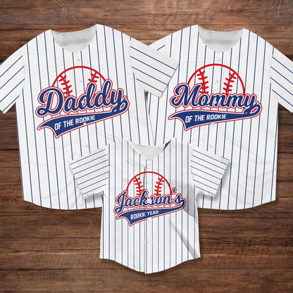 Front view of white rookie year baseball jersey styled for family matching