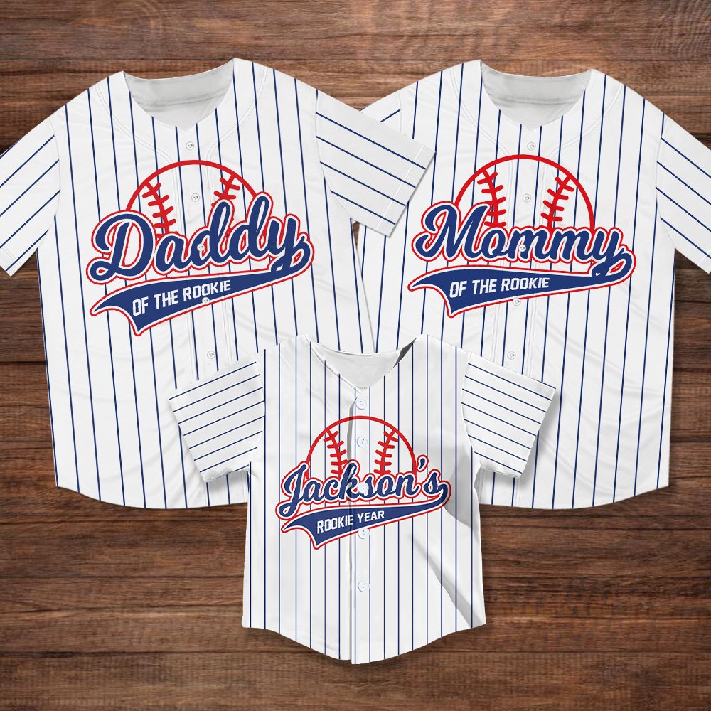 Detailed view of personalized rookie year baseball jersey in white with blue stripes