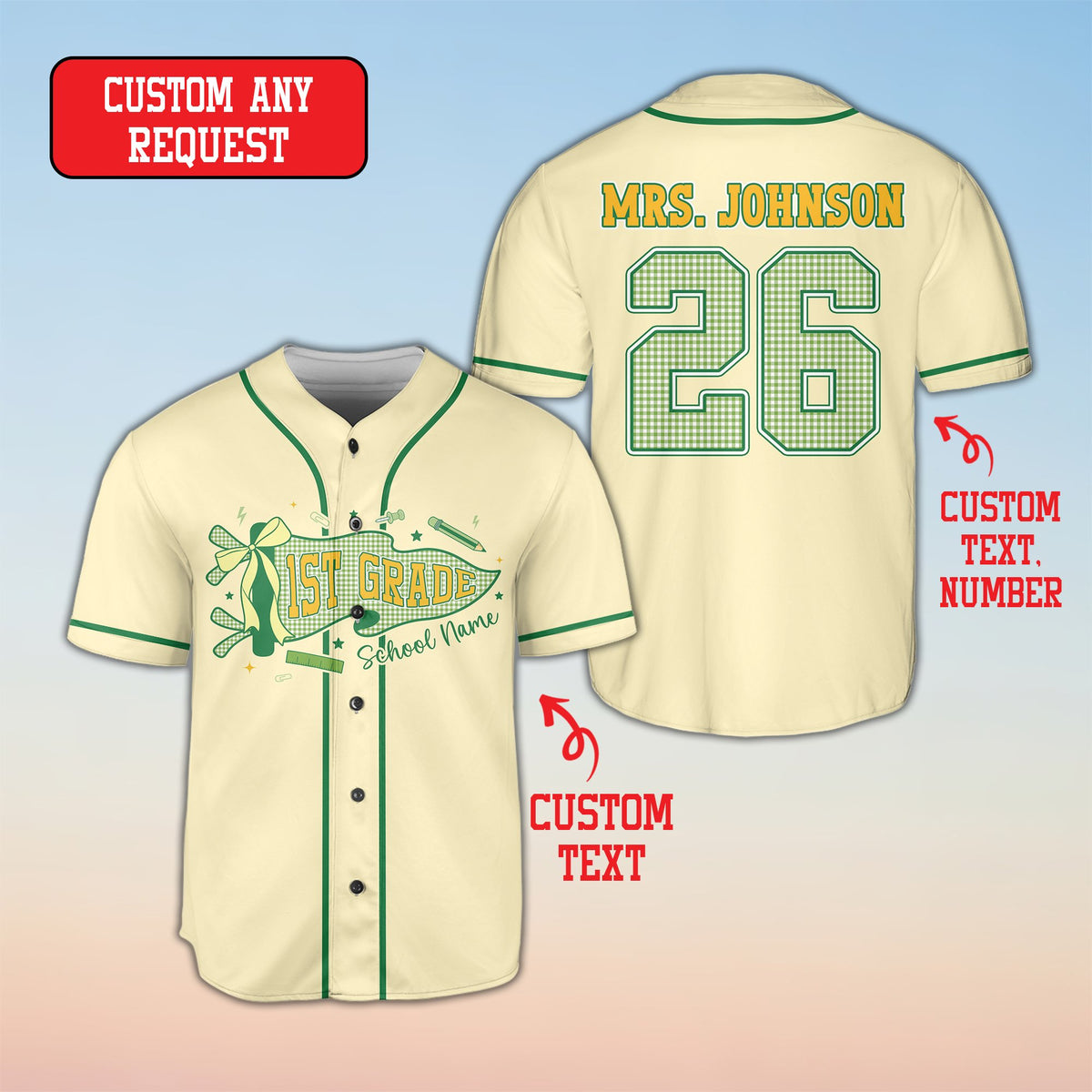 Beige personalized baseball jersey with school graphics, front view