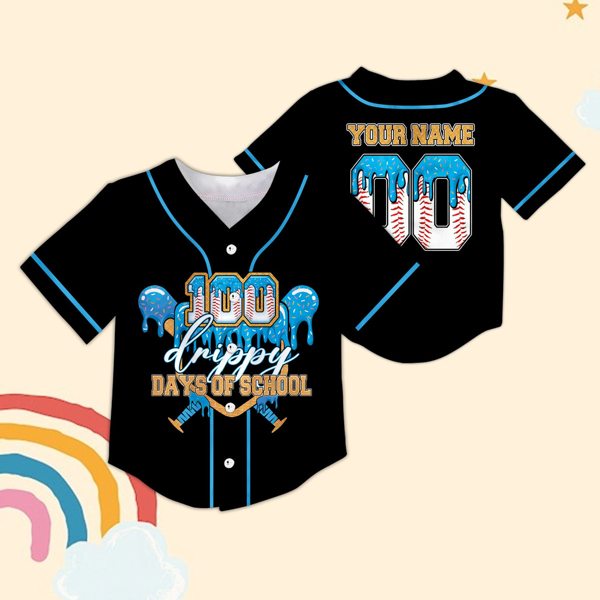 Front view of the black personalized baseball jersey with drippy school days design