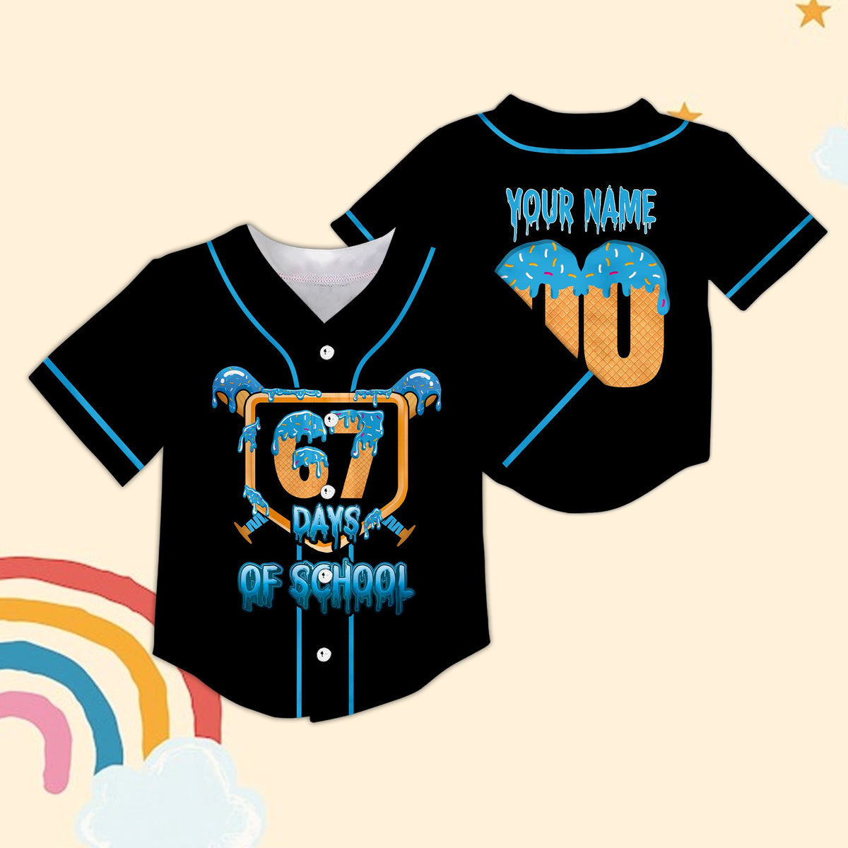 Front view of the personalized baseball jersey showing colorful school theme details