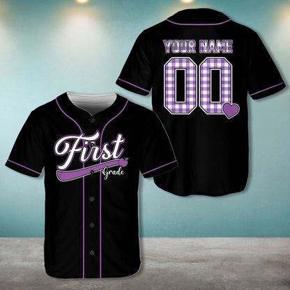 Black school baseball jersey with contrasting piping and custom plaid text on the back, main view