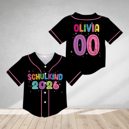 Front view of black custom Schulkind 2026 baseball jersey