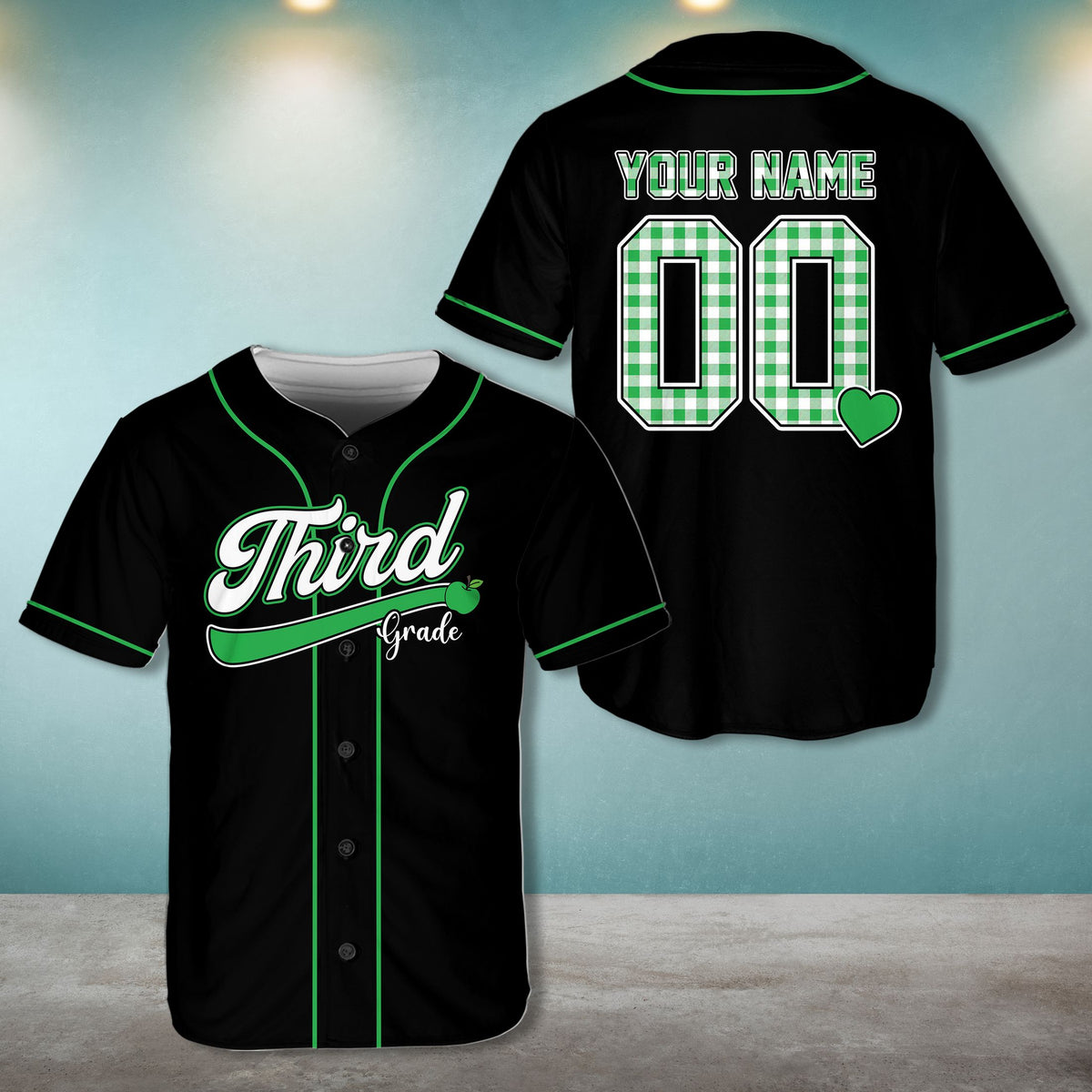 Alternate front view of the personalized baseball jersey showing colorful accents